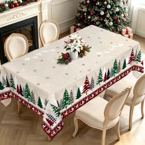 Christmas Tree Sled Elk Plaid Tablecloth 60x84in – Cotton-Linen Look, 84" x 60" Rectangular