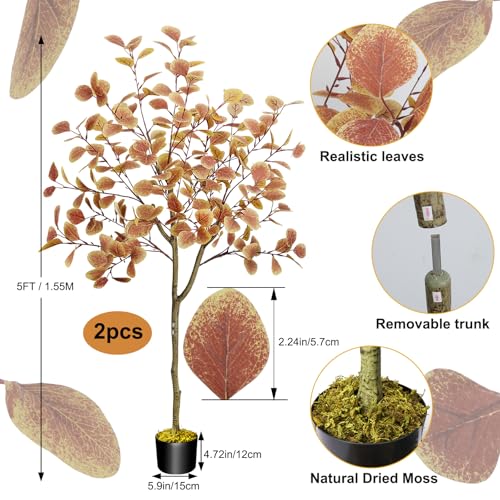 5FT Fall Trees - 2pcs Autumn Eucalyptus Artificial Trees for Porch Decor - Orange Variation