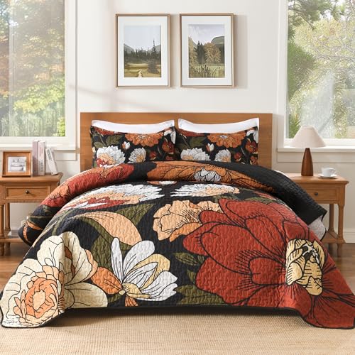 Queen Size Boho Floral Quilt Set - Reversible Bedspread with Pillow Shams