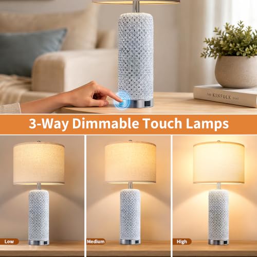 Antique Blue Farmhouse Table Lamps Set of 2 with USB A+C & 3-Way Touch Dimming