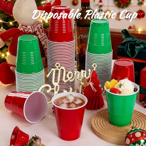 WELLIFE 50 Pack Christmas Red & Green Plastic Party Cups 12 oz - Disposable Water Cups for Holiday Events