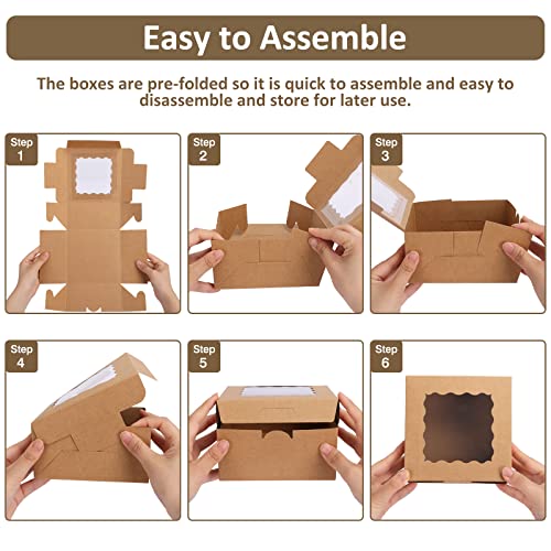 Moretoes 80pcs Brown Bakery Cookie Boxes with Window - 6x6x3 Inches