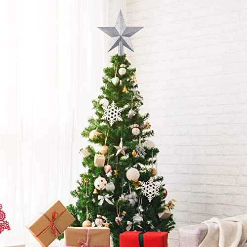 FEPITO Glitter Star Mini Christmas Tree Topper Shatter-Proof Small Christmas Tree Decoration Treetop for Holiday Ornament or Home D?cor (Silver, 4.3 inches)
