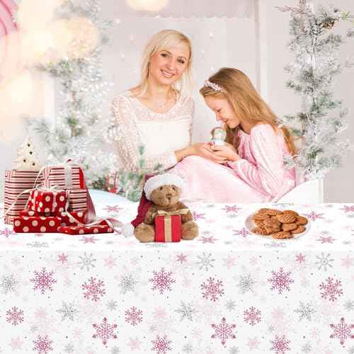 4PCS Christmas Snowflake Tablecloth Xmas Party Table Cover Pink Snowflake Table Cloth Christmas Theme Party Decorations Winter Holiday Supply 51X86IN