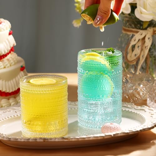 16PCS Clear Hobnail Drinking Glasses Set - 8 Highball (12oz) & 8 Cocktail (10oz) Vintage Water Cups