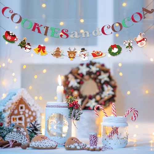 Cookies Cocoa Party Decorations - Christmas Snowman Banner 2 Pcs Snowflake Gingerbread Man Garland Hot Chocolate Bar Decor Supplies for Winter Holiday Birthday Xmas New Year Party Decoration