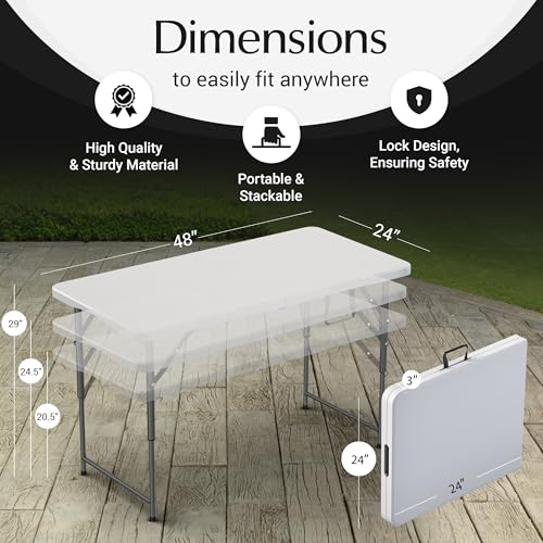 Foldable 4FT Adjustable Height Table - White, Heavy Duty, Portable