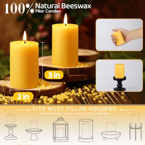 MAKALONE Yellow Beeswax Pillar Candles 2x3in, 12 Pack, Long Burn, Unscented