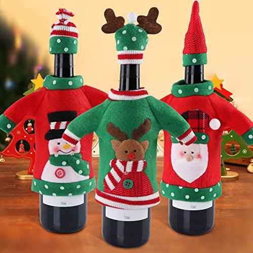 PartyTalk 3pcs Ugly Christmas Wine Bottle Covers, Holiday Wine Bottle Cover with Hat for Ugly Sweater Party Decorations