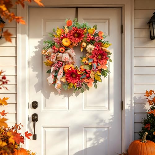 PureCosy Red Fall Wreath for Front Door 24 Inch Autumn Rustic Decor