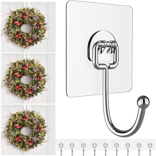 Big Wreath Hangers for Front Door,Large Clear Wreath-Door-Hanger-Easter-Christmas-Halloween-Decorations,60lb Over-The-Door-Hooks Glass Door,Adhesive Wall-Hooks for Hanging Wreath Home-Decor (10)