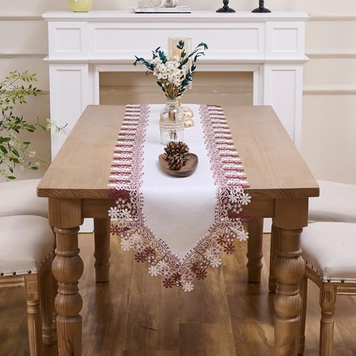 White Dark Red Floral Lace Table Runner Dresser Scarf (16” x72”)