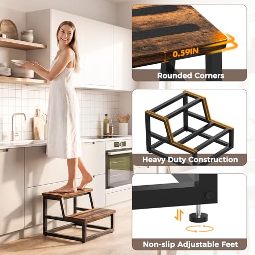 NomNest 2-Step Wooden & Metal Kitchen & Home Step Stool - Non-Slip, Sturdy, Portable