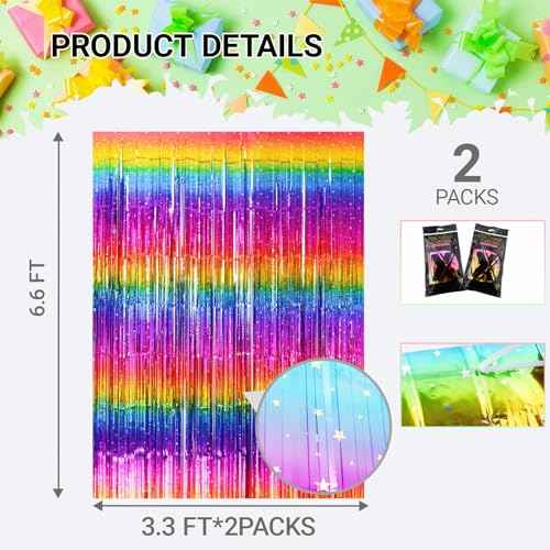 Sparkly Neon Rainbow Foil Fringe Curtain Backdrop Metallic Streamers Photo Booth Props for Birthday Bachelorette Gay Pride Day Graduation Wedding 80s 90s Disco Party Decorations- 2 Packs (3.3x6.6Ft)