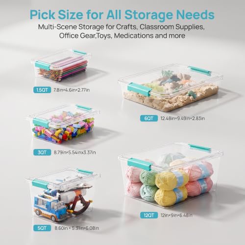 Vtopmart Teal Plastic Storage Bins with Lids - 6 Qt, 4 Pack, Sensory Bin Organizer