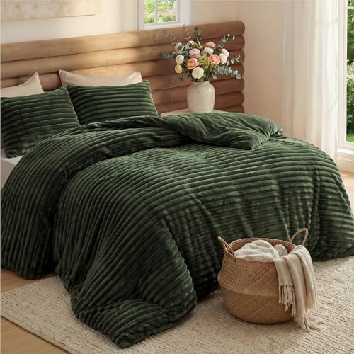 Bedsure Queen Fluffy Comforter Set 90x90 Inch Olive Green Cozy Bedding