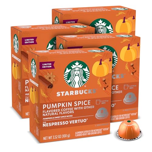 Starbucks Pumpkin Spice Coffee Pods for Nespresso Vertuo - 4 x 8-Count Pack, 32 Capsules
