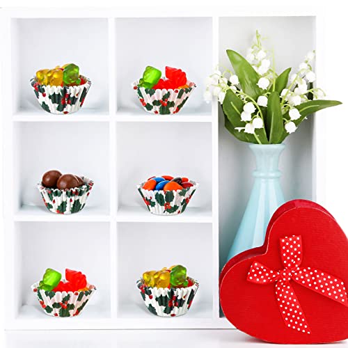 Funtery 600 Pcs Christmas Holly Cupcake Liners Mini Muffin Baking Cups