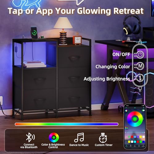Somdot Black Wide Bedroom Nightstand with 5 Drawers, Charging Station & LED Light - 11.4"D x 26.2"W x 27.8"H