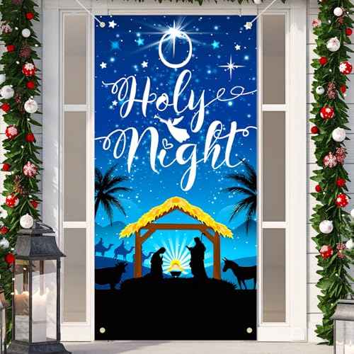 HOWAF Christmas O Holy Night Door Cover - Navy Blue Nativity Scene Banner for Xmas Party Supplies