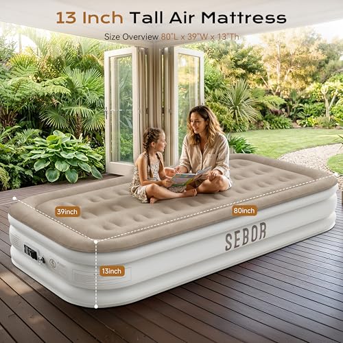Sebor 13-inch Twin XL Air Mattress with Built-in Pump - Khaki White, Self-Inflating, Durable Guest & Camping Bed