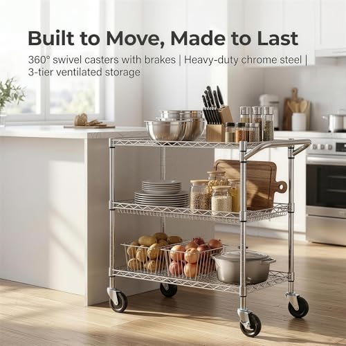 Finnhomy Chrome 3-Tier Heavy Duty Utility Cart 30"L x 18"W x 32.4"H with Handle, NSF Listed