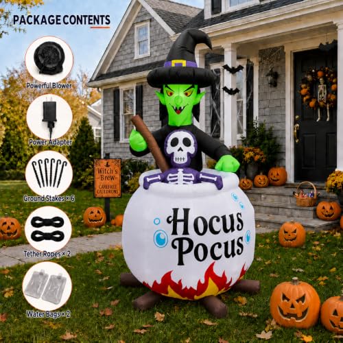 Enlik 6 FT Inflatable Witch and Cauldron Halloween Yard Decor with RGB Light Show - Outdoor Spooky Blow Up for Lawn, Porch, Garden, Party, Halloween Decorations