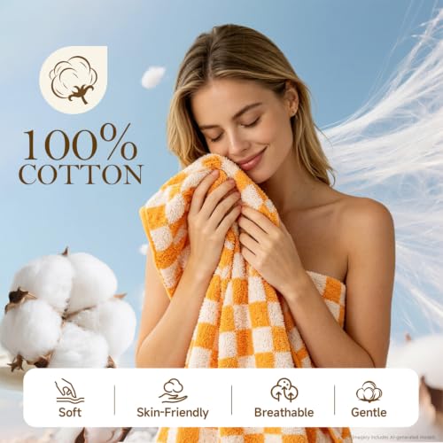 Large Checkered Cotton Bath Towels Set - 55x28 Inches, 600 GSM, 3 Pack - Orange Green Pink Variation