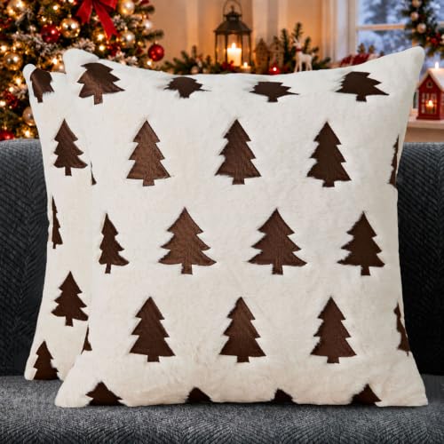 Allorry Christmas Pillow Covers 18x18 Inches Pack of 2 Beige Plush Holiday Decor