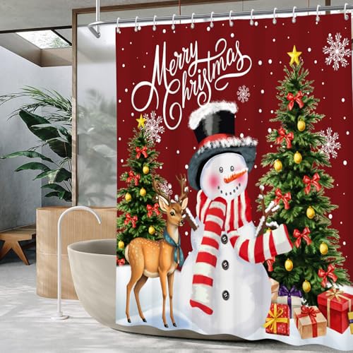 Canessioa Christmas Shower Curtain 72x72 in with Hooks Waterproof Polyester - Red Brown