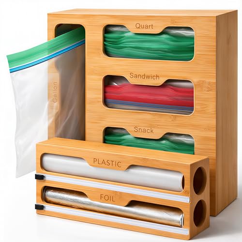 Natural Bamboo Food Storage Bag Organizer with Dispenser & Detachable Design