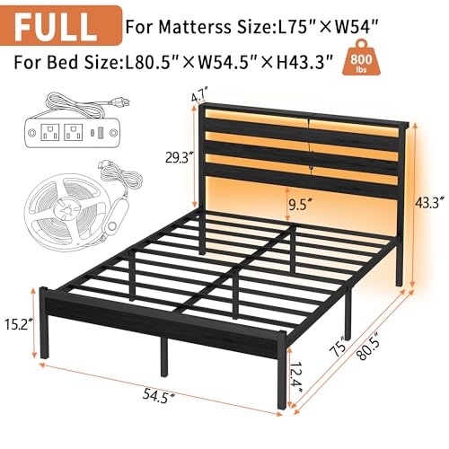 Full Size Metal Platform Bed Frame with Headboard LED USB Storage No Box Spring Black