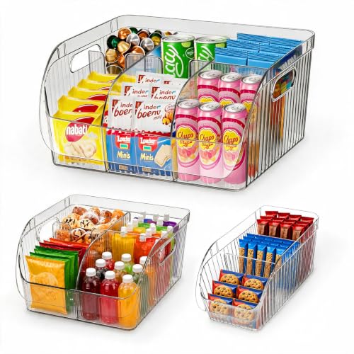 Set of 3 Adjustable Clear Storage Bins with Dividers - Pantry Organizers