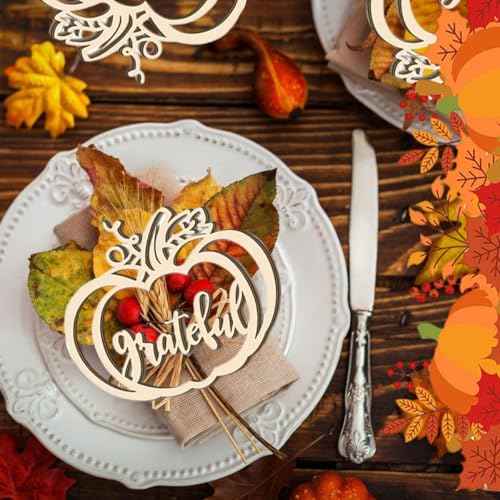 24 Pcs Fall Thanksgiving Pumpkin Wooden Plate Decor Cutouts Thankful Blessed Place Cards Wood Signs Hanging Ornament Table Decorations for Autumn Harvest Home Tabletop Plate Supplies