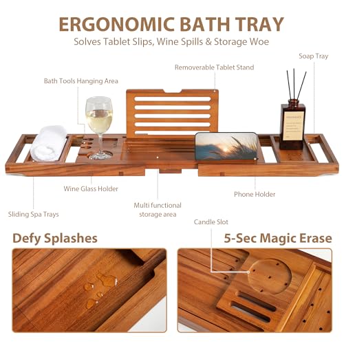 Realgulf Adjustable Teak Bathtub Tray - Natural Wood Bath Organizer Caddy