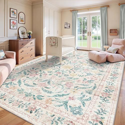 8x10 Pink Bloom Floral Area Rug - Machine Washable Low Pile Boho Rug with Non-Slip Backing, Rectangular