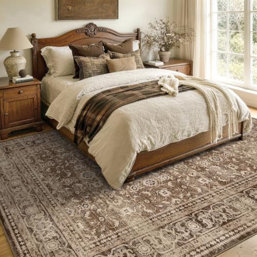 6' x 9' Rectangular Area Rug - Vintage Floral Design, Non-Slip, Machine Washable, Brown