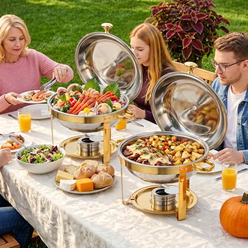 Skaqwuan 6QT Round Stainless Steel Chafing Dish Set Golden - Buffet Food Warmer for Catering & Home Use (1 Pack) - Halfgolden