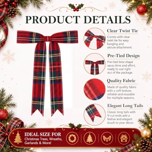 30 PCS Christmas Tartan Plaid Bow Decoration,Red