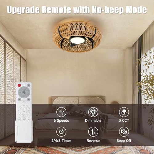 ocioc 20-inch Black Flush Mount Boho Rattan Ceiling Fan with Light Remote Control