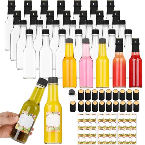 Black Lids 35 Pack 5oz Glass Hot Sauce Bottles with Inserts & Shrink Caps
