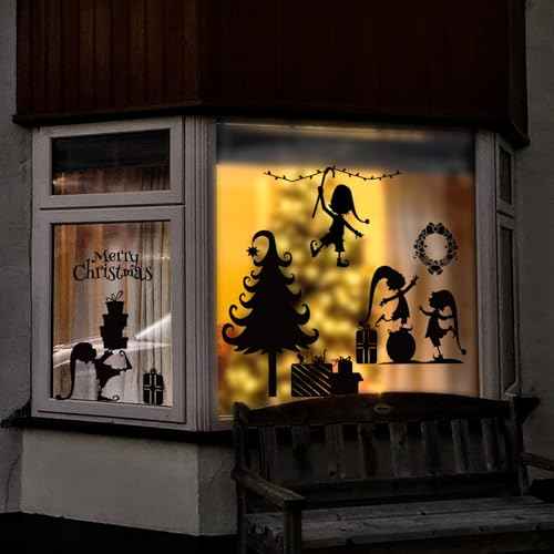 2 Sheets Christmas Silhouette Window Clings Black Xmas Tree Elves Gift Box Reusable Window Decals for Home School Office Winter Party Supplies