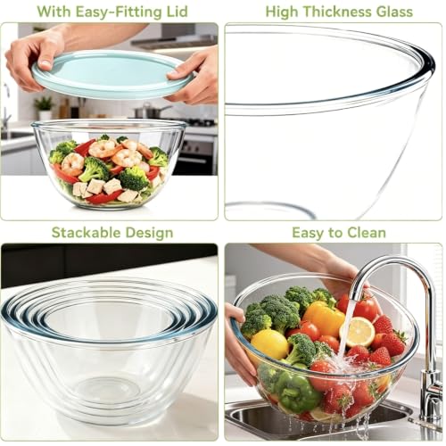 YUANYE 5-Pack Glass Mixing Bowls with Lids Set, Thick Borosilicate, Nested Kitchen Bowls for Cooking & Baking