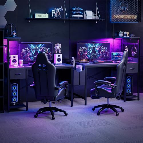 Grandder 40-Inch Gaming Desk with Power Outlet, LED Light & Reversible Shelves - Black (1 Drawer & LED)