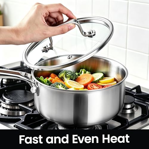 3 Quart Stainless Steel Sauce Pan with Lid - Tri-Ply Clad Cookware