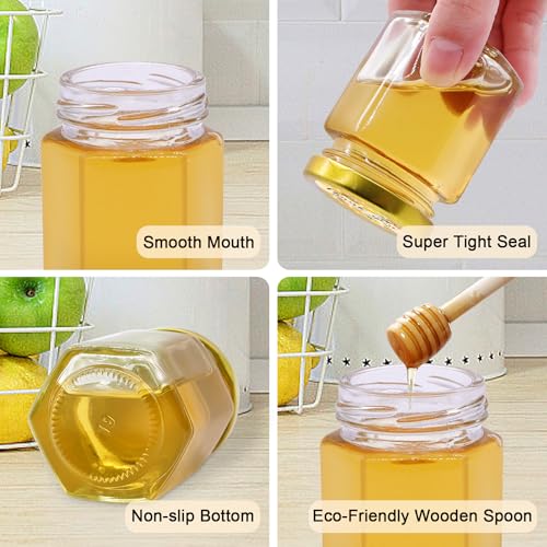 3 Oz Hexagon Honey Jars Set with Dippers and Labels - 70 Pack