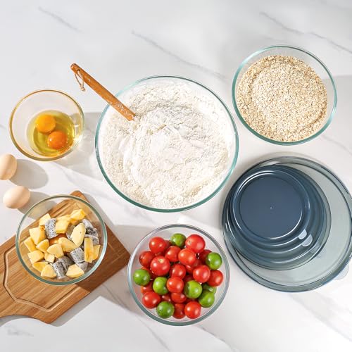 Glass Mixing Bowls with Lids Set of 5 - Transparent - Nesting Kitchen Bowls for Baking Cooking Storage