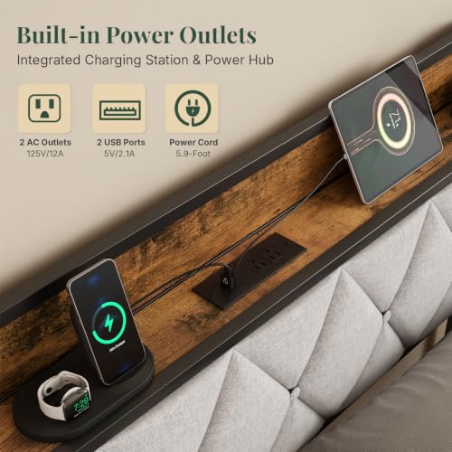 HAPPYMONT Twin Platform Bed Frame with USB Charging Ports & Storage