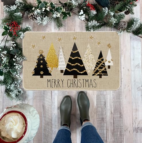 Baccessor 17 x 29 Inch Gold Christmas Trees Doormat – Non-Slip Front Door Mat
