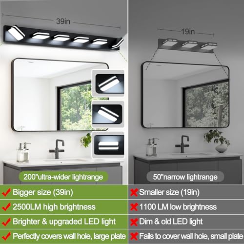 Torondo 39-Inch 6-Light Matte Black LED Bathroom Vanity Light Fixture, Natural White, 360° Rotatable